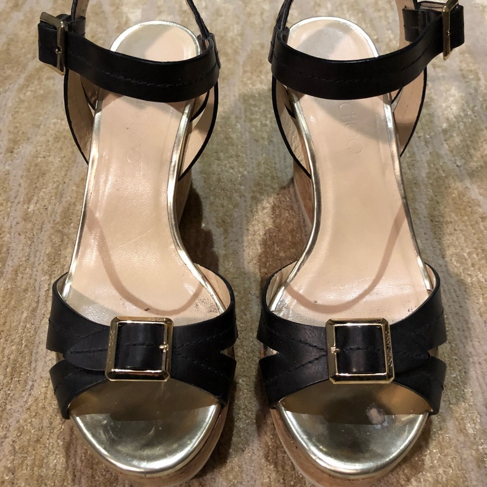 Jimmy Choo block heel black leather & cork sandals